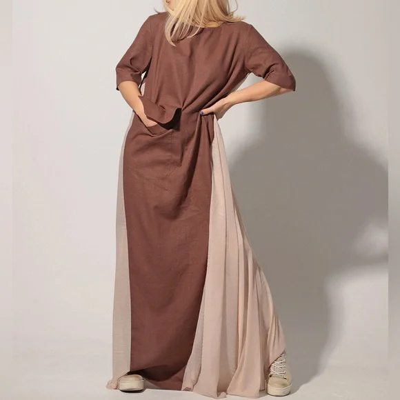 ADEPTT LINEN MAXI DRESS WITH LARGE FRONT POCKETS AND SHEER CHIFFON SIDES MODERN - Picture 13 of 13